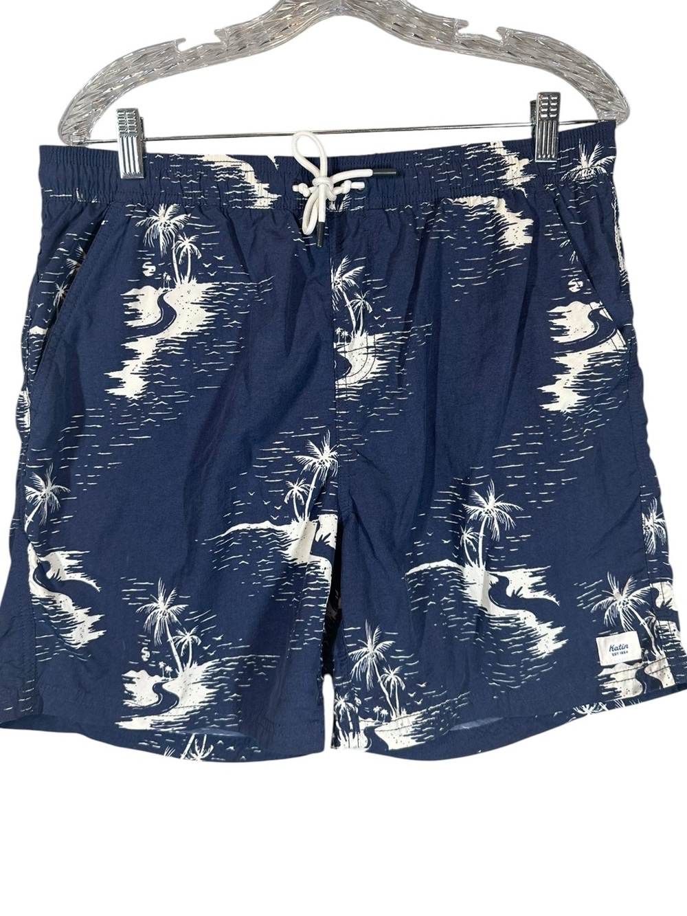 KATIN Men's Large Navy Tropical Print Swim Trunks with Drawstring
